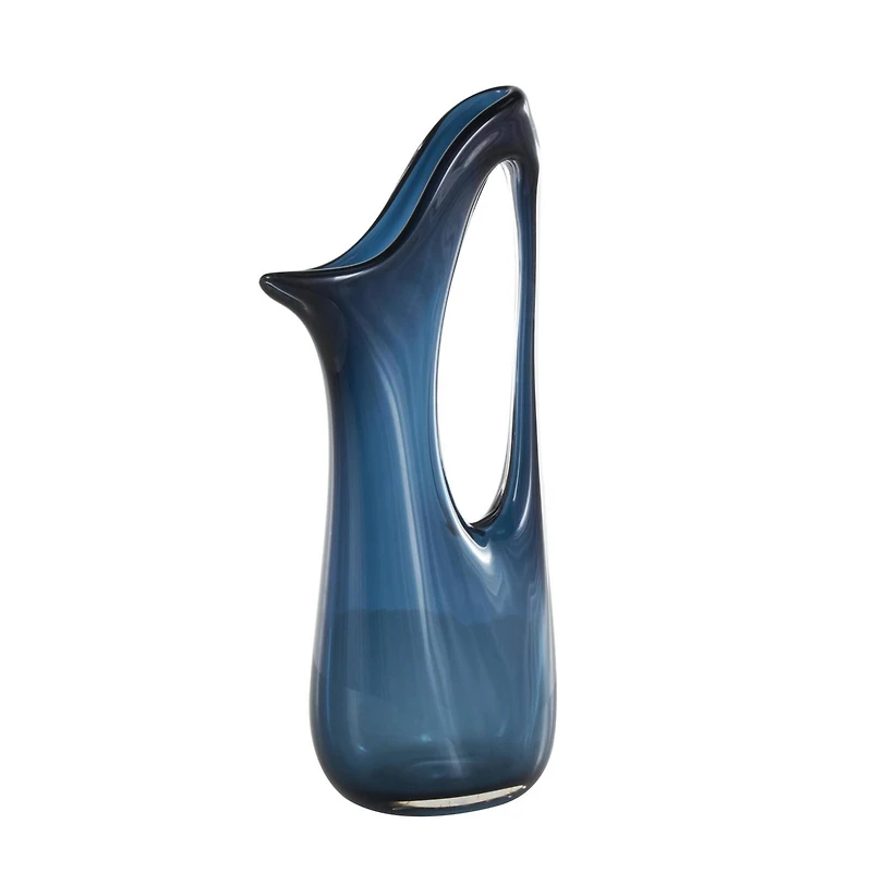 Blue Abstract Glass Vase with Cutout Handle & Elongated Opening