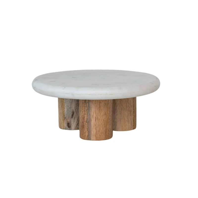 Hello Honey® 15" White Round Elevated Marble & Wood Food Pedestal