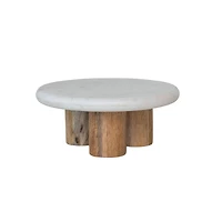 Hello Honey® 15" White Round Elevated Marble & Wood Food Pedestal