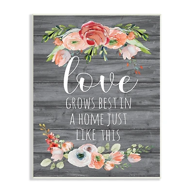 Stupell Industries Love Grows Best Motivational Family Phrase Rustic Flowers Wall Plaque