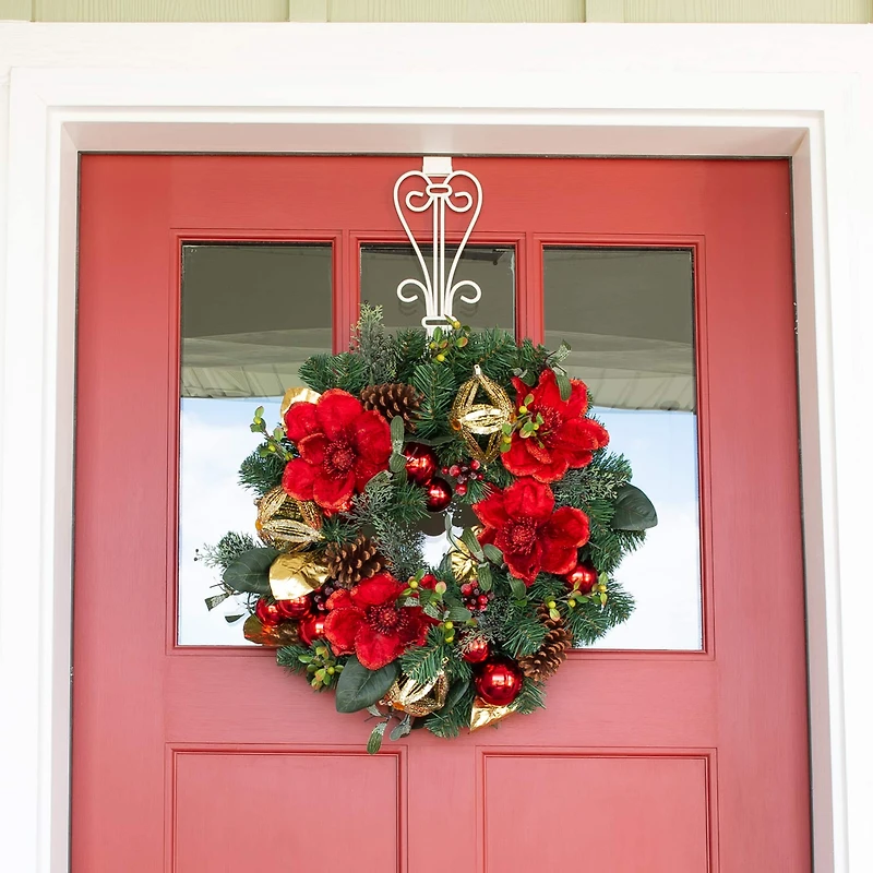 Village Lighting 24" Pre-Lit Red Magnolia Christmas Wreath, Clear LED Lights
