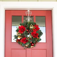 Village Lighting 24" Pre-Lit Red Magnolia Christmas Wreath, Clear LED Lights