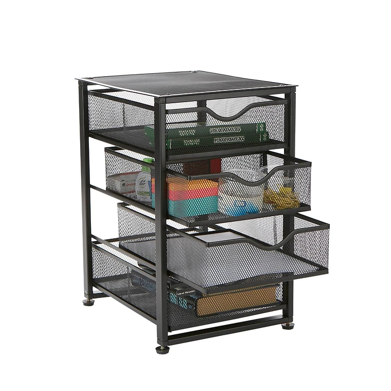 Mind Reader Black Metal Rolling Mesh Office Cart 4-Tiered Drawer Utility Storage Cabinet