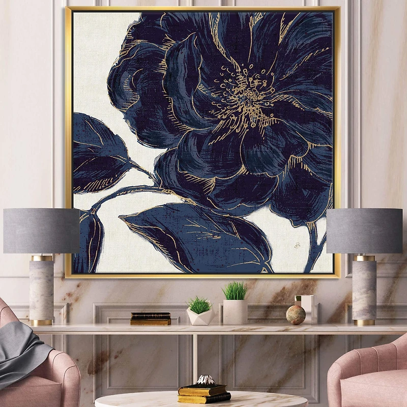 Designart Dark Rose Gilded Gold Floral Framed Canvas