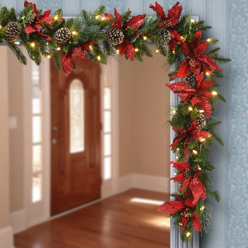 9ft. Pre-Lit Poinsettia & Pinecone Garland
