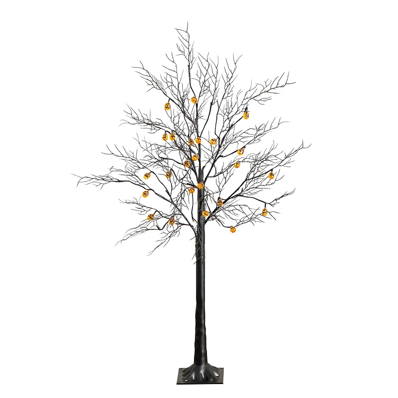 4ft. Pre-Lit Artificial Halloween Black Twig Tree with 24 Orange LED Pumpkin Shaped Lights