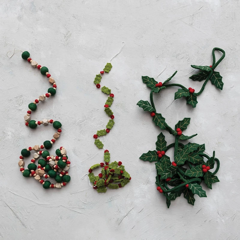 Hello Honey® 6ft. Green & Red Holly Leaves & Berries Handmade Wool Felt Garland