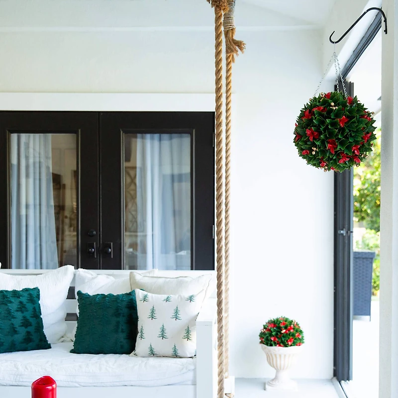 15in. UV Resistant Artificial Red Tip Photinia Christmas Hanging Ball with Gold Berries (Indoor/Outdoor)