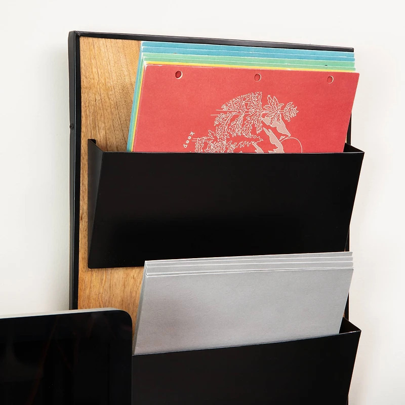 Mind Reader 3-Tier Wall-Mounted File Organizer, Wood and Metal Vertical Rack for Mail, Magazines, and Documents, Black