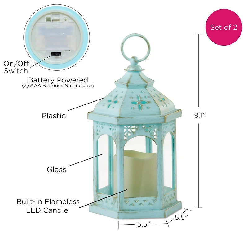 LED Blue Hexagon Distressed Lantern Set