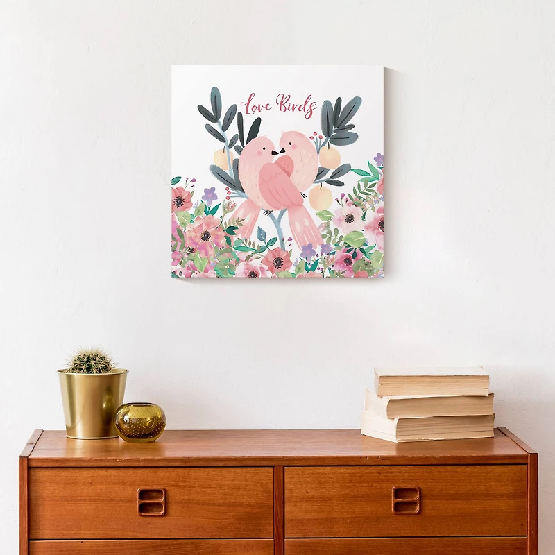 Two Love Birds And Flowers 12" x 12" Canvas Wall Art