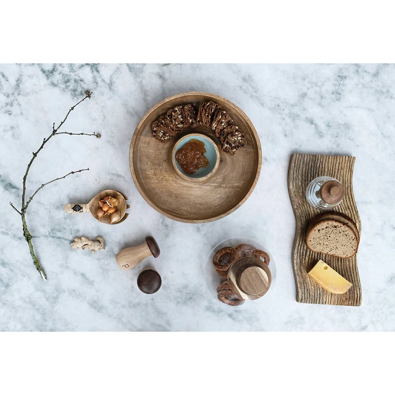 Hello Honey® 13.75" Mango Wood with Blue Enamel Center 2 Section Lazy Susan Server