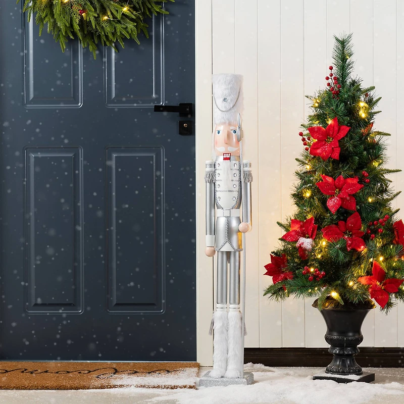Glitzhome® 42"H Wooden Christmas Silver Dressed Soldier Nutcracker