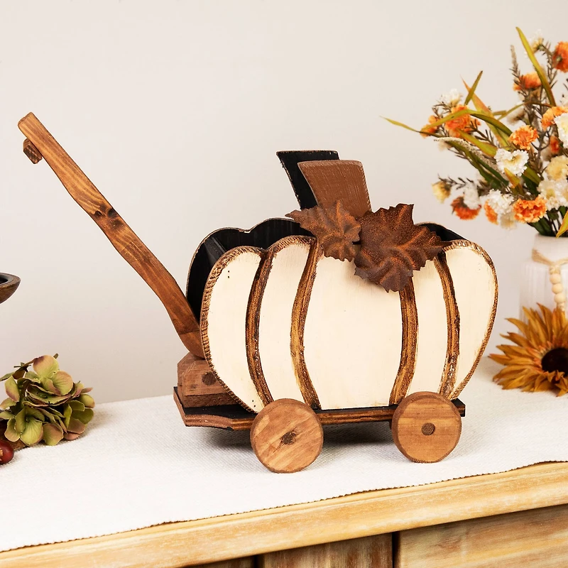 10.5" Fall Harvest Pumpkin Cart Tabletop Decoration