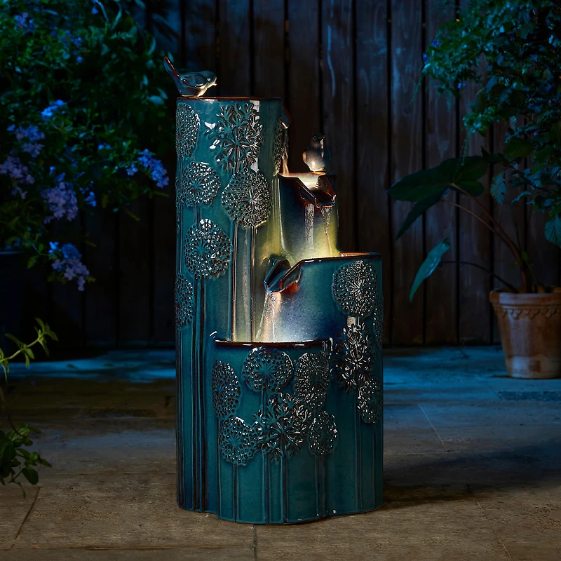Glitzhome® 31.75" Turquoise 4-Tier Dandelion Texture Vase-Shaped Ceramic Outdoor Fountain with LED Light