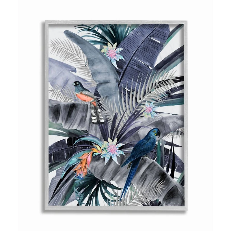 Stupell Industries Tropical Jungle Birds with Gray Frame Wall Accent