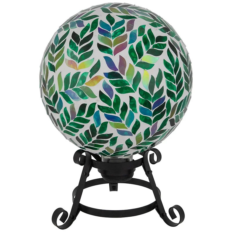 10" White & Green Mosaic Iridescent Leaves Outdoor Garden Gazing Ball