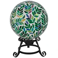 10" White & Green Mosaic Iridescent Leaves Outdoor Garden Gazing Ball