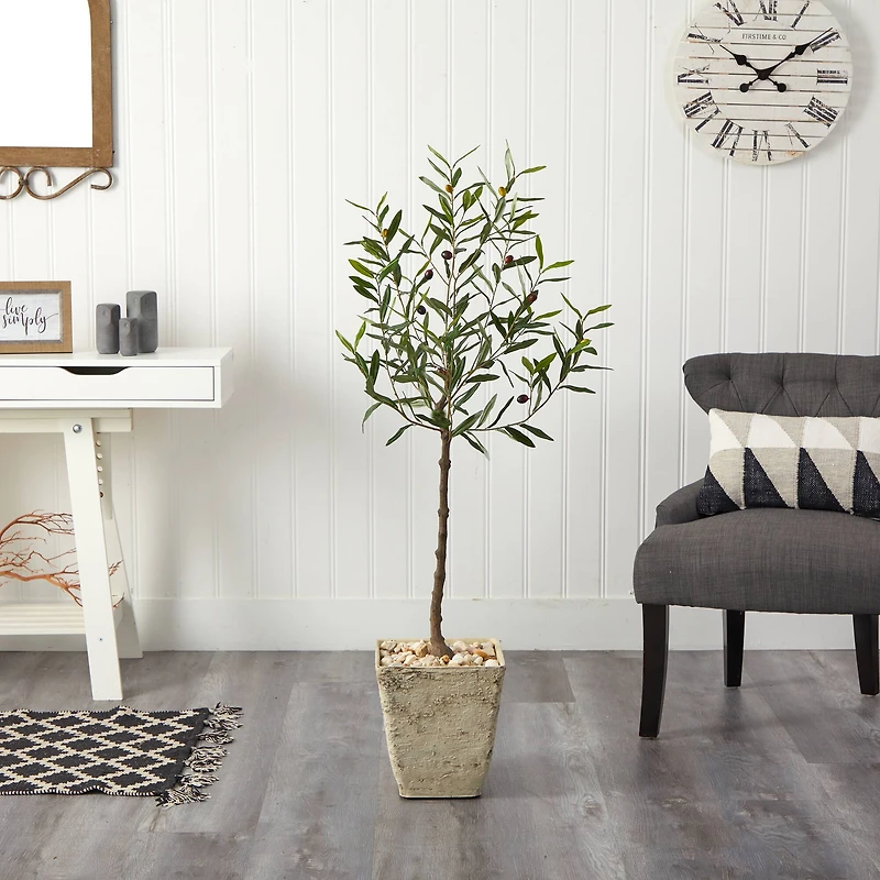 4.5ft. Olive Artificial Tree in Country White Planter