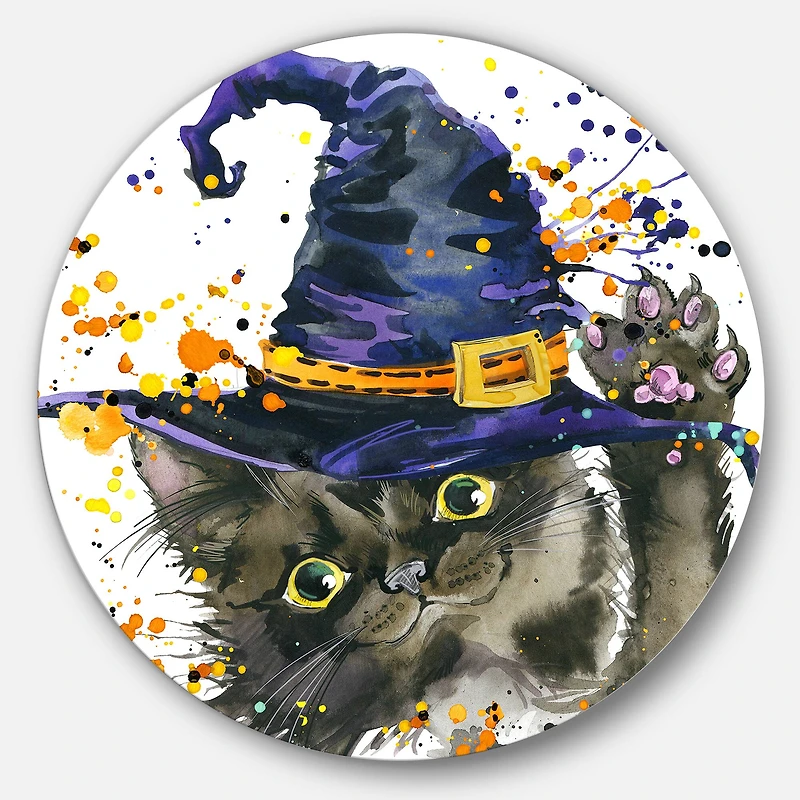 Designarts Halloween Cat & Witch Hat Metal Circle Wall Décor