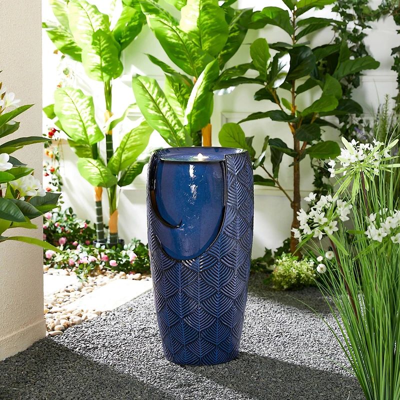 Glitzhome® 29.25" LED Cobalt Blue Scale-Like Ceramic Pot Outdoor Floor Fountain