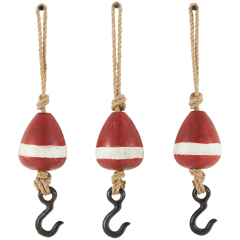 Red Wood Buoy Wall Hook with Jute Rope and Metal Hook Set