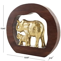 13.5" Gold Metal Elephant Sculpture with Brown Frame