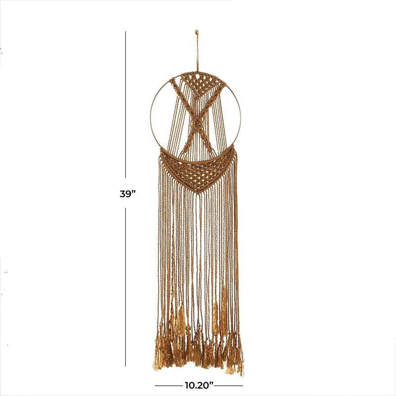 Brown Fabric Handmade Intricately Weaved Macrame Wall Decor with Beaded Fringe Tassels 10" x 0" x 39"
