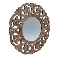 Hello Honey® Walnut Round Carved Botanical Framed Wall Mirror