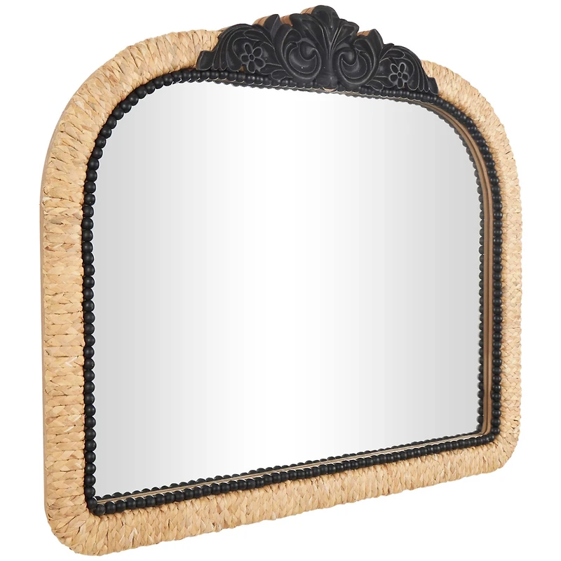 35" Brown & Black Woven Floral Rattan Wall Mirror with Beaded Detailing