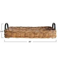 Hello Honey® 25" Natural and Black Decorative Woven Rattan Tray with Metal Handles