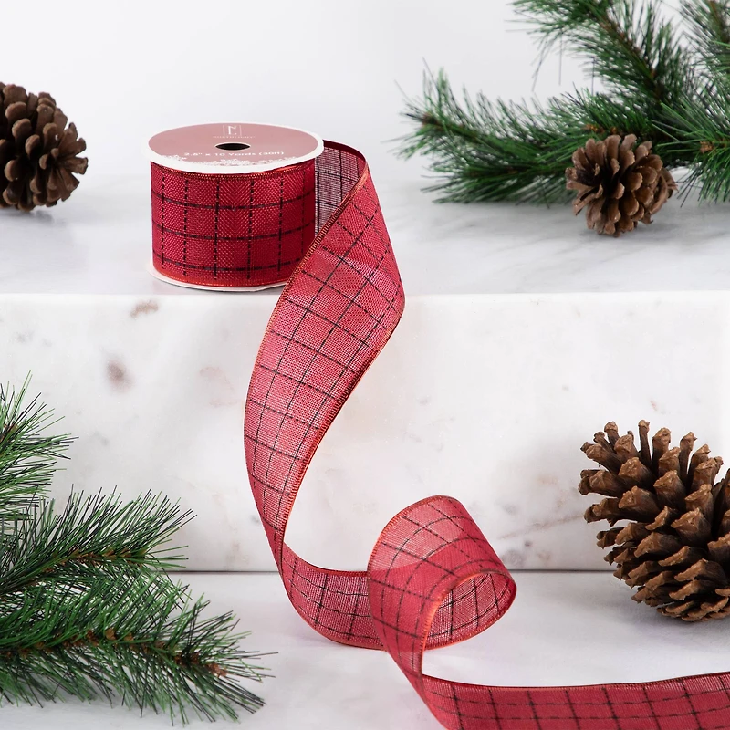 Red Woven Square Plaid Wired Craft Christmas Ribbon 2.5" x 10 Yards