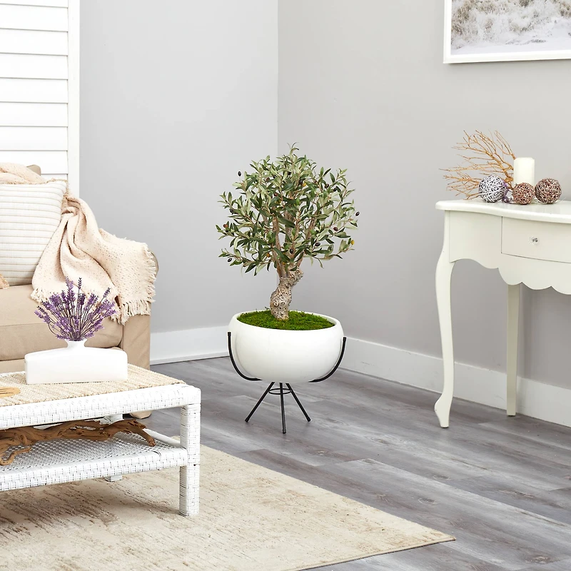 3ft. Olive Artificial Tree in White Planter with Metal Stand