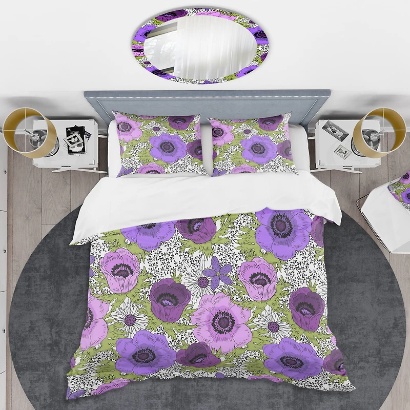 Designart 'Purple Retro Fantasy Flowers' Mid-Century Duvet Cover Set
