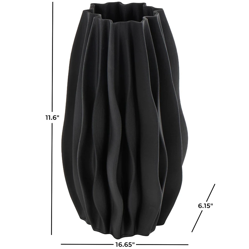 Black Abstract Dimensional Wavy Ribbed Ceramic Vase