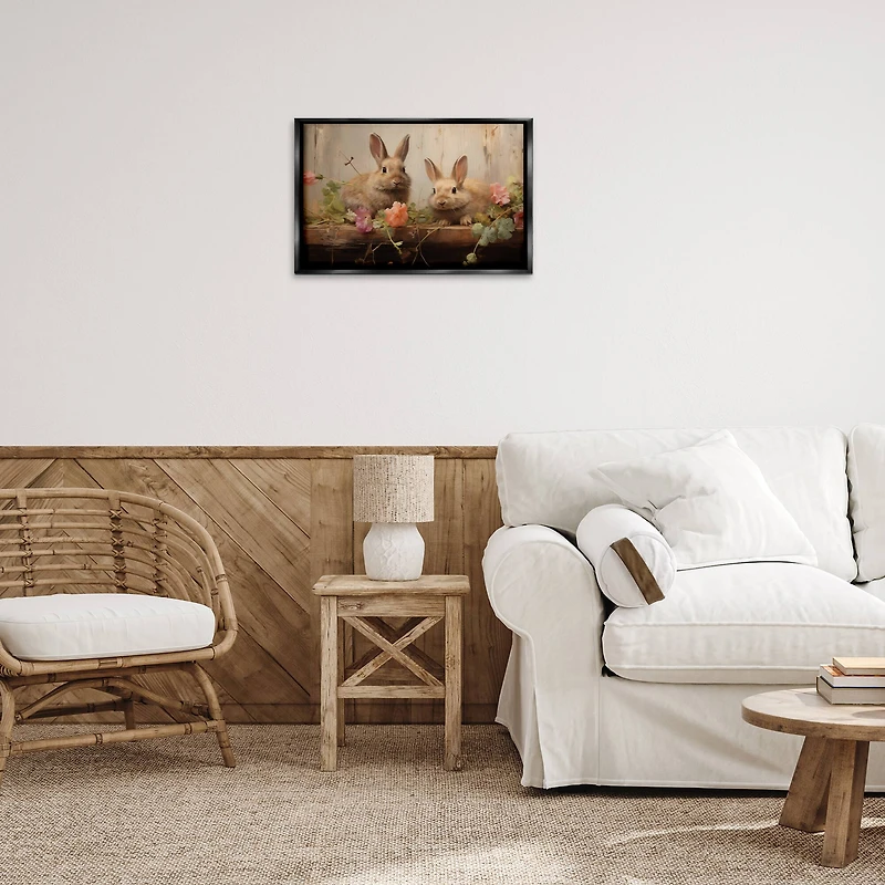 Stupell Industries Easter Bunnies with Garden Blooms Floating Frame Wall Art