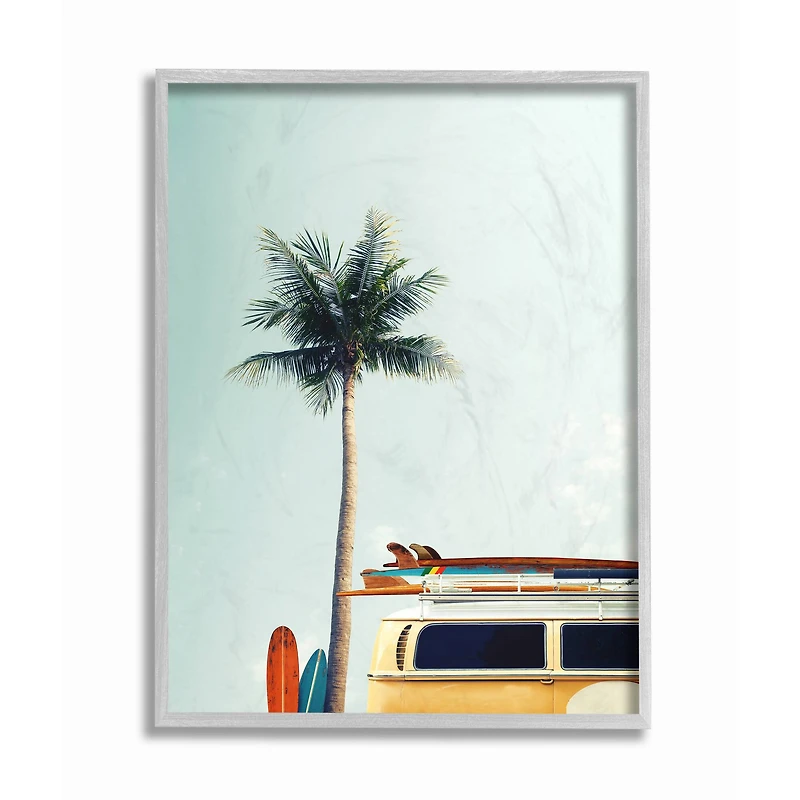Stupell Industries Surf Bus Yellow With Palm Tree Photography in Gray Frame Wall Art