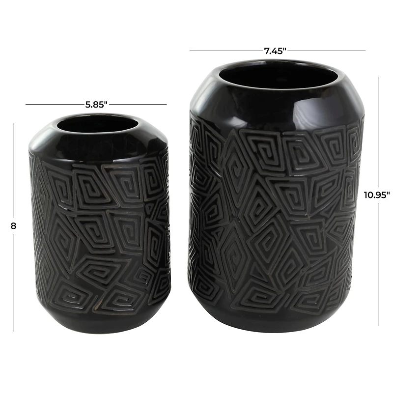 Black Ceramic Vase with Geometric Etchings Set