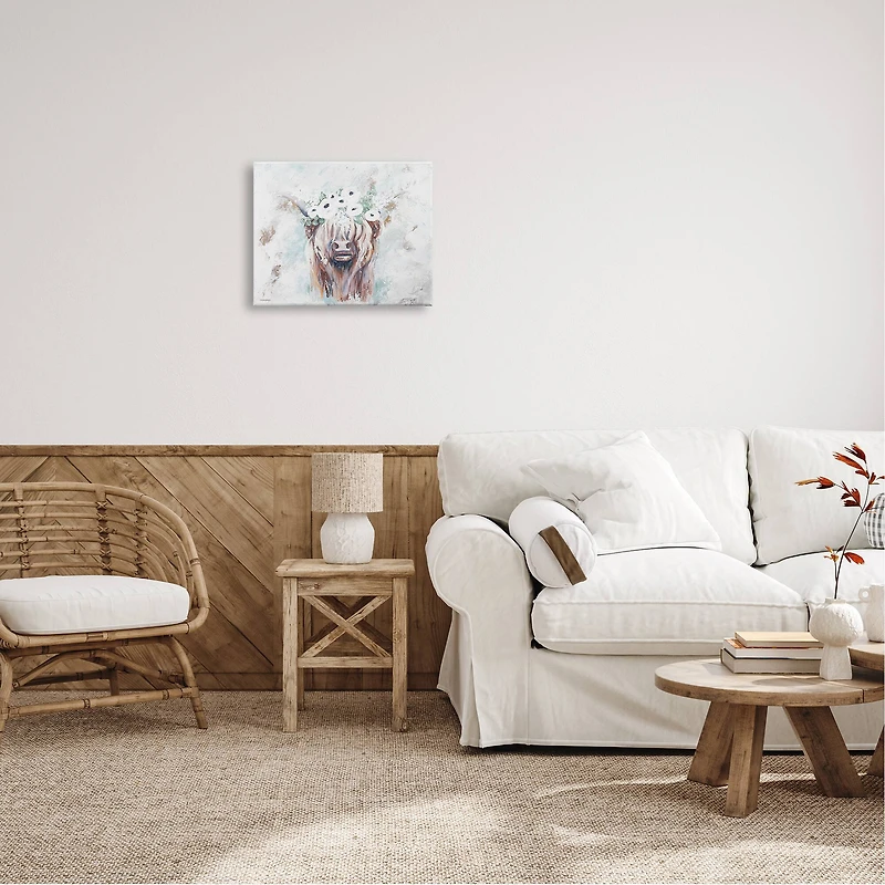 Stupell Industries Rustic Country Longhorn Cattle Flecked Flower Blossoms Canvas Wall Art