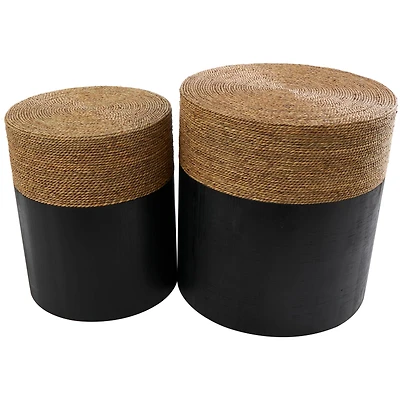 Black Wood Handmade Colorblock Wrapped Accent Table with Dried Plant Tabletops Set