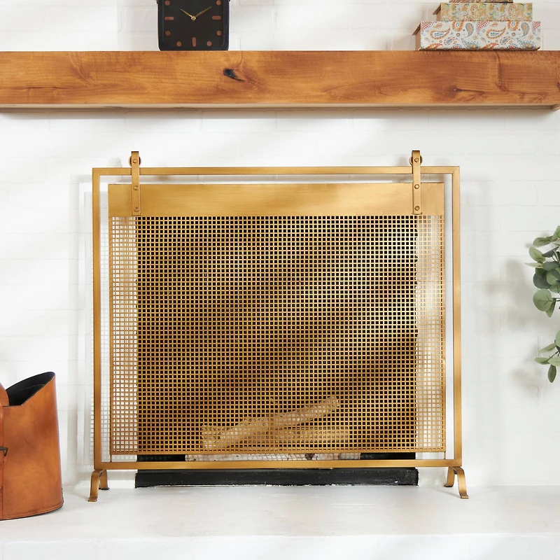 Copper Metal Suspended Grid Style Netting Single Panel Fireplace Screen