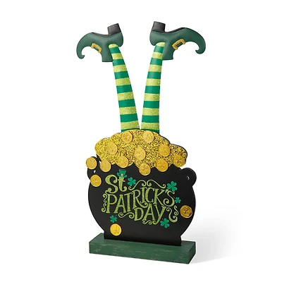 Glitzhome® 24" Wooden St. Patrick's Leprechaun Pot of Gold Porch Décor