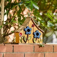 Glitzhome® 10.5" Yellow Distressed Wood Birdhouse with Flowers