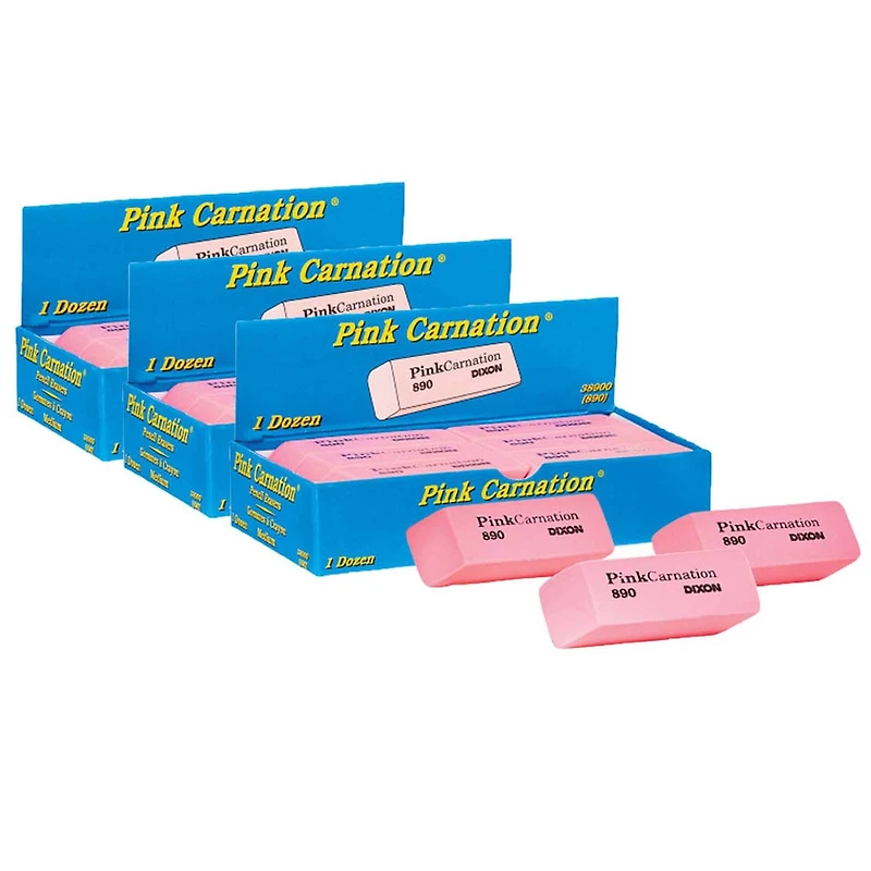 Dixon® Pink Carnation® Medium Wedge Erasers, 3 Packs of 12