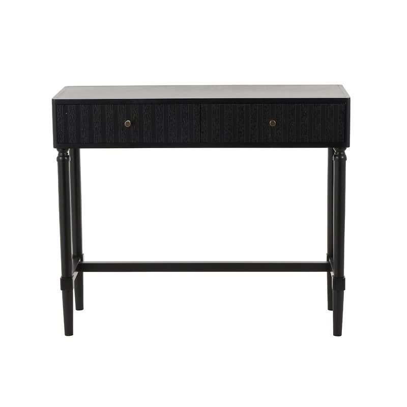 35.5" Black Wood Handmade 2-Drawer Console Table with Gold Handles