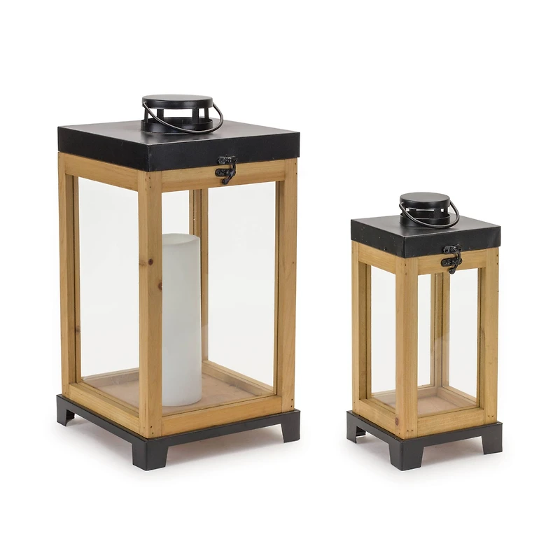 Wood Box Lantern on Metal Stand Set, 13" & 17"