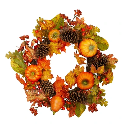 24" Pumpkins, Pinecones & Berries Fall Harvest Wreath