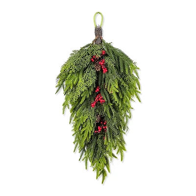 Glitzhome® 31.5"H Christmas Greenery PE Teardrop with Pinecones and Red Berries