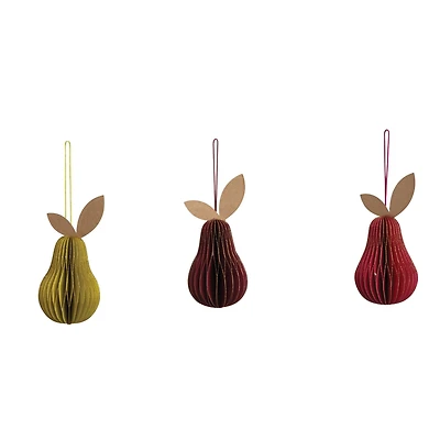 Hello Honey® 3" Handmade Recycled Paper Honeycomb Pear Ornament with Glitter Edge Set