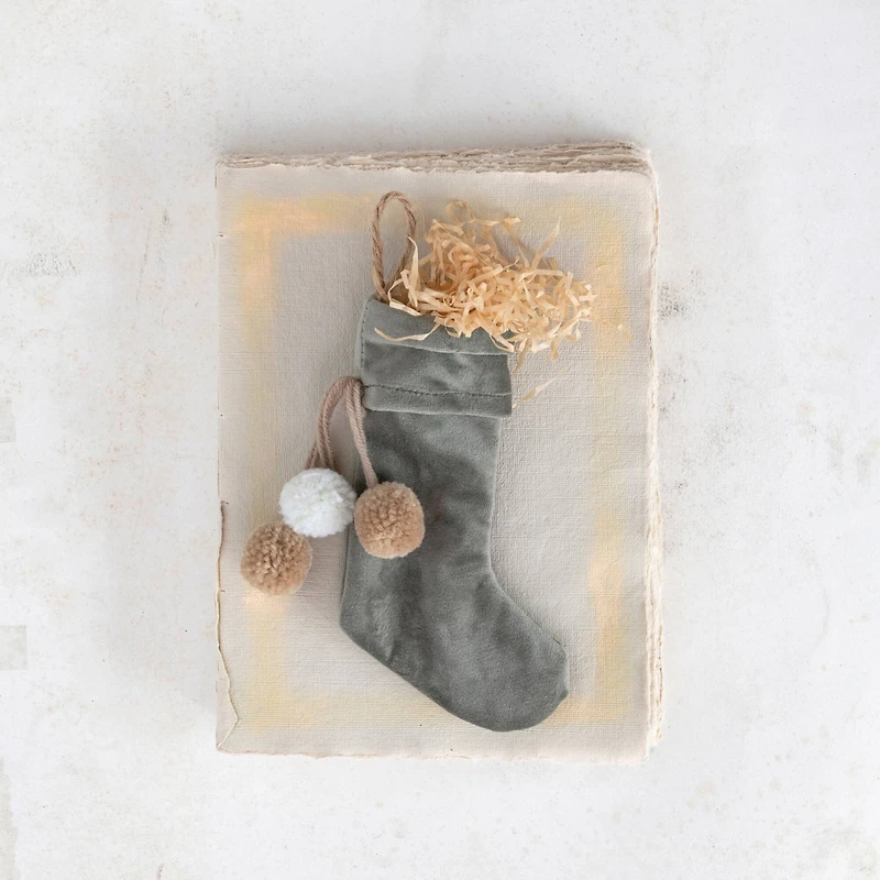 Hello Honey® Gray Velvet Stocking with Pom Poms Ornament